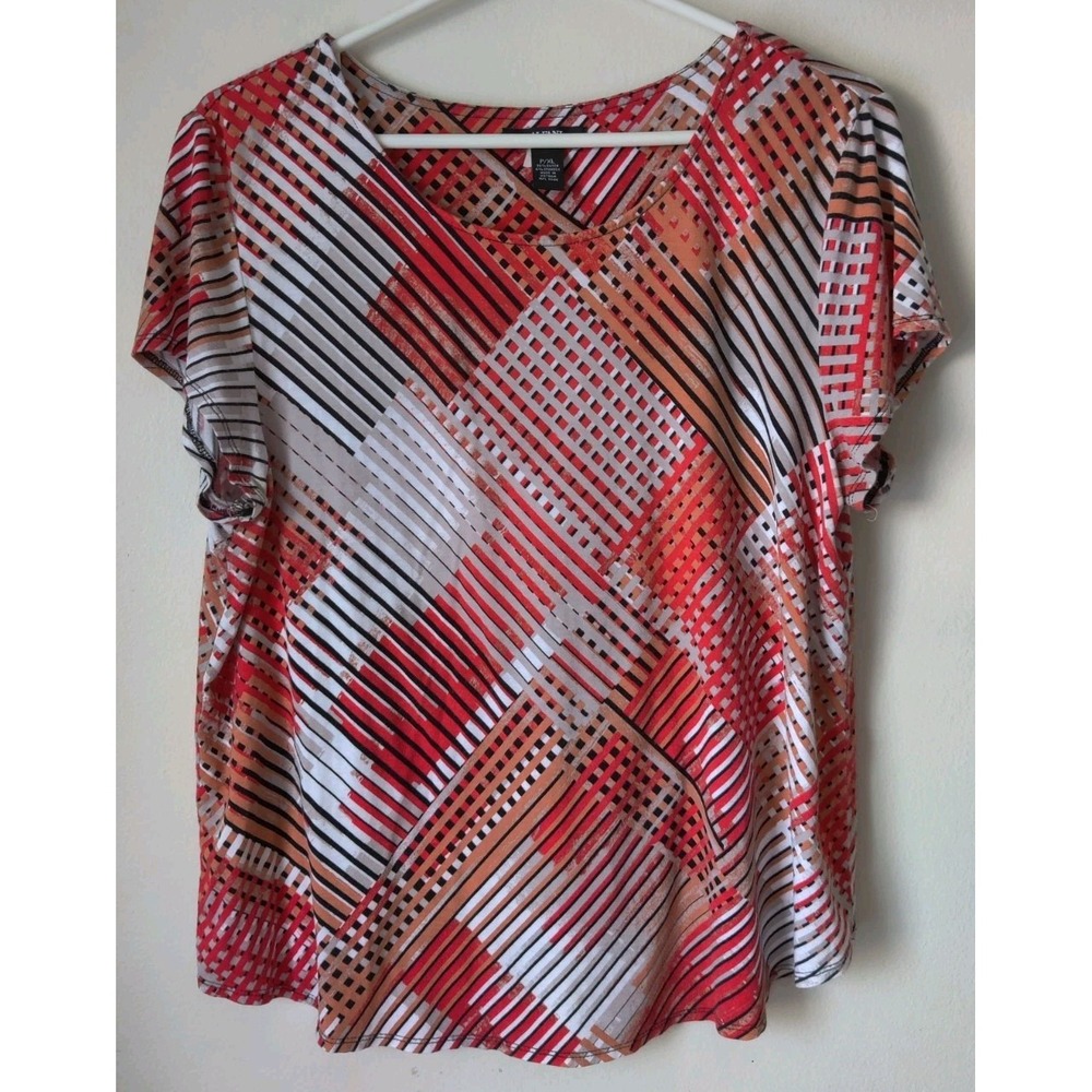 Alfani Women's Petite XL Short Sleeve Top Orange/Black/White Geometric Print